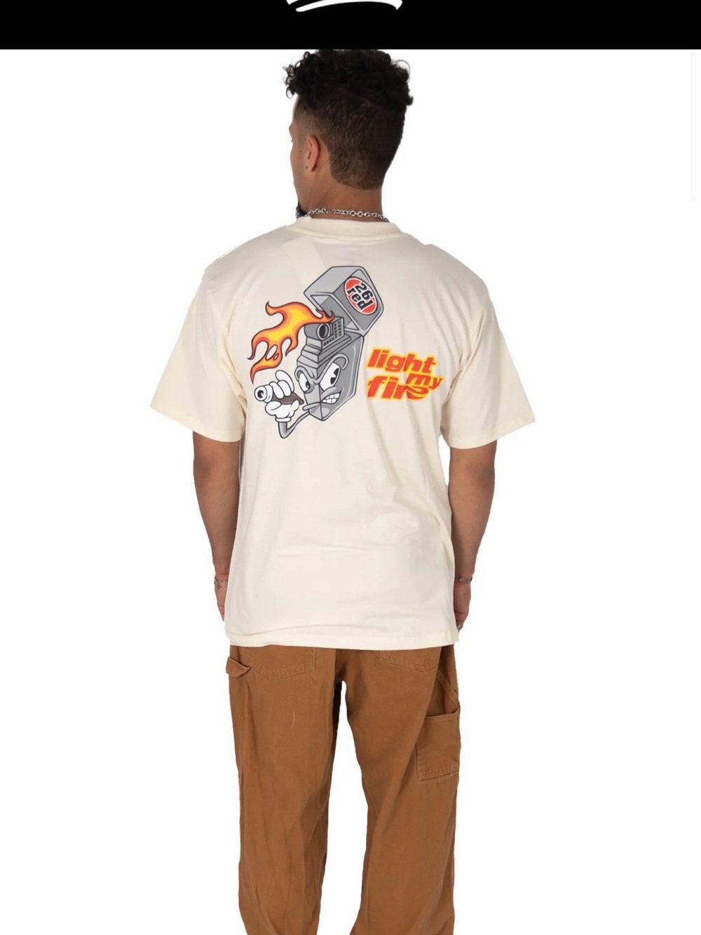 26Red Light My Fire Graphic Tee in Cream with Orange and Red Flame